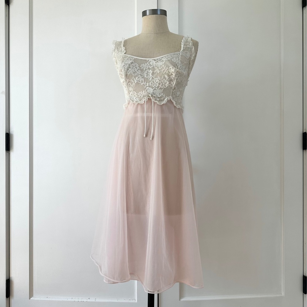 Vintage 60s Vanity Fair Pink Chiffon Nightgown White Lace Bodice Size 34 USA